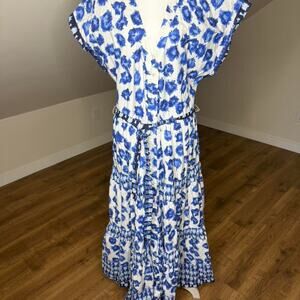 Abercrombie‎ & Fitch Blue White Boho Maxi Dress XL Tiered Cottagecore Coastal